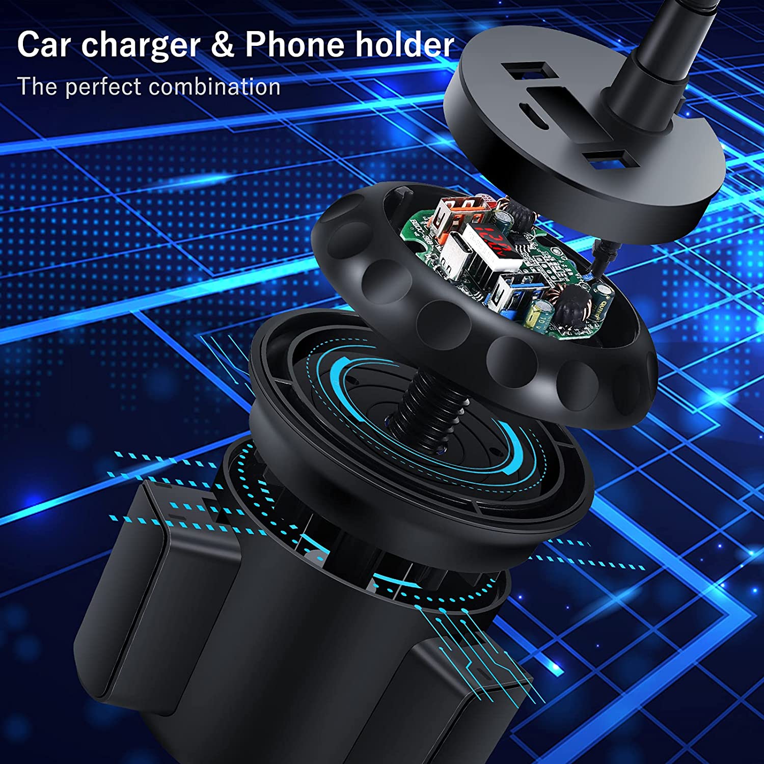 [Upgraded] HVDI Cup Holder Phone Mount, 36W Car Charger 3-Ports Fast Charging Cell Phone Mount Universal Adjustable Cradle for iPhone 12 Pro Max/11/XR/XS/X/8/Samsung S21 Ultra/S20/S10/Note 10/9/8